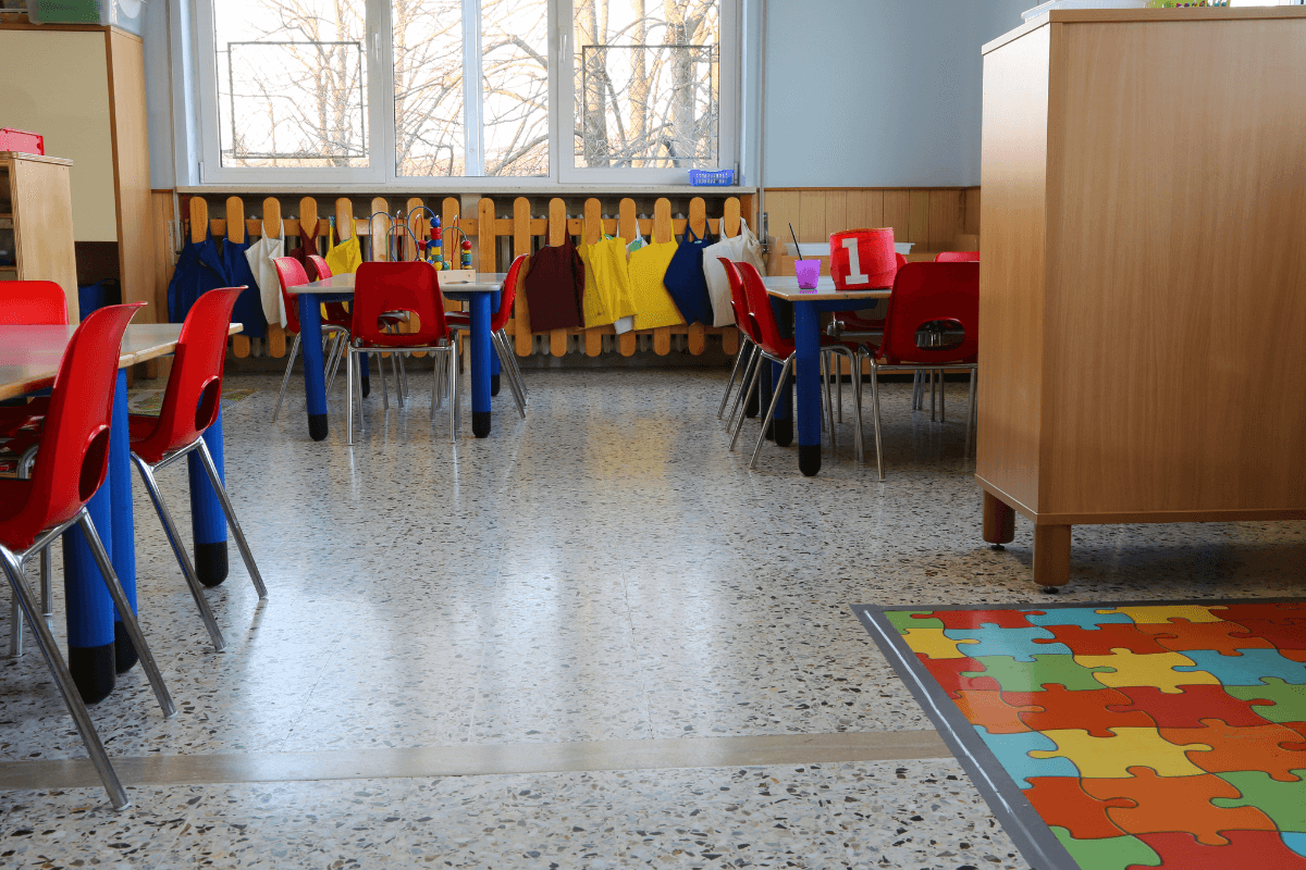 Colourful children's classroom with puzzle flooring on the ground